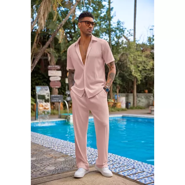 COOFANDY Men's 2 Piece Outfit Casual Short Sleeve Button Down Shirt Beach Summer Loose Pant Sets