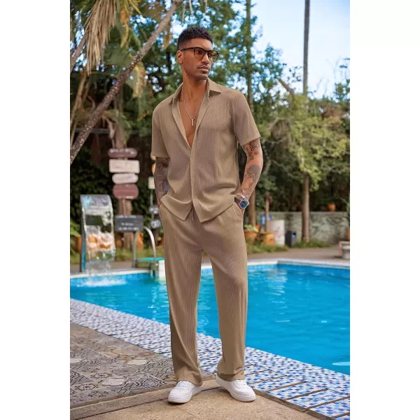 COOFANDY Men's 2 Piece Outfit Casual Short Sleeve Button Down Shirt Beach Summer Loose Pant Sets