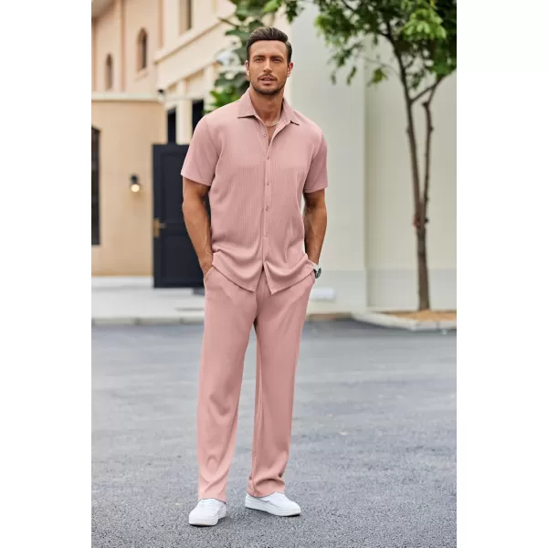 COOFANDY Men's 2 Piece Outfit Casual Short Sleeve Button Down Shirt Beach Summer Loose Pant Sets