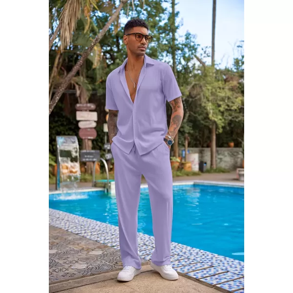 COOFANDY Men's 2 Piece Outfit Casual Short Sleeve Button Down Shirt Beach Summer Loose Pant Sets