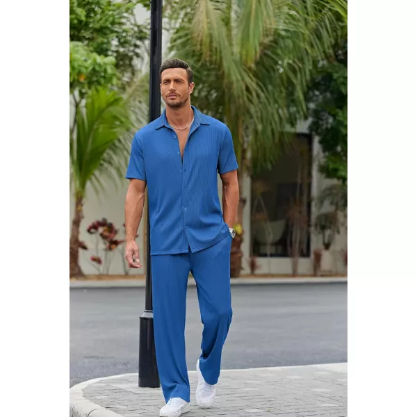 COOFANDY Men's 2 Piece Outfit Casual Short Sleeve Button Down Shirt Beach Summer Loose Pant Sets
