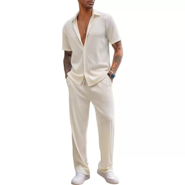 COOFANDY Men's 2 Piece Outfit Casual Short Sleeve Button Down Shirt Beach Summer Loose Pant Sets