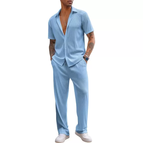 COOFANDY Men's 2 Piece Outfit Casual Short Sleeve Button Down Shirt Beach Summer Loose Pant Sets