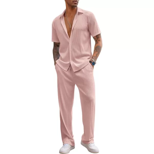 COOFANDY Men's 2 Piece Outfit Casual Short Sleeve Button Down Shirt Beach Summer Loose Pant Sets