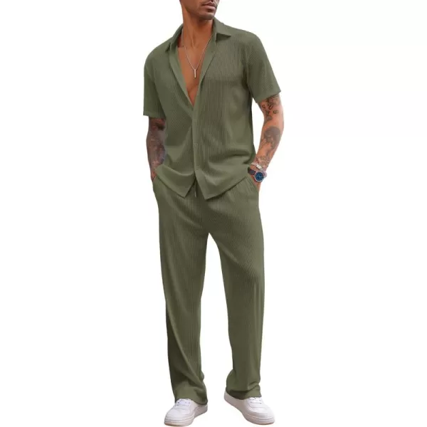 COOFANDY Men's 2 Piece Outfit Casual Short Sleeve Button Down Shirt Beach Summer Loose Pant Sets