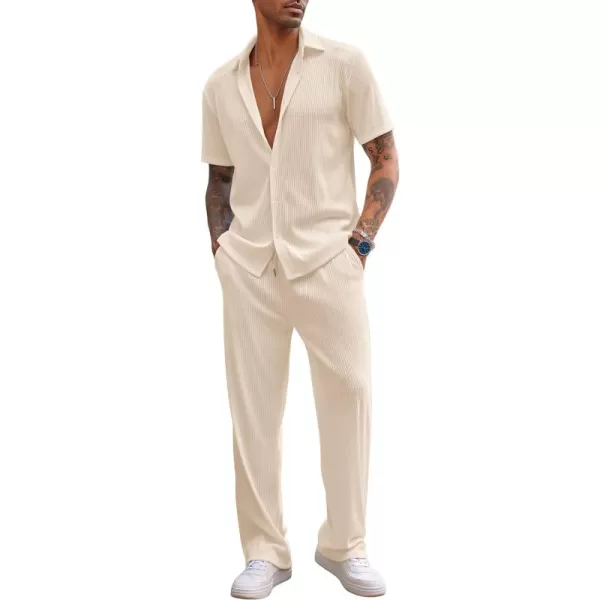 COOFANDY Men's 2 Piece Outfit Casual Short Sleeve Button Down Shirt Beach Summer Loose Pant Sets