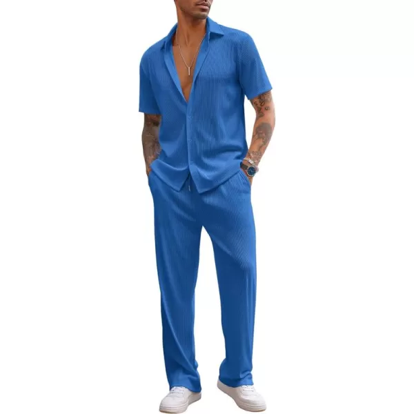 COOFANDY Men's 2 Piece Outfit Casual Short Sleeve Button Down Shirt Beach Summer Loose Pant Sets