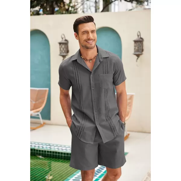 COOFANDY Men Linen Sets Outfits 2 Piece Short Sleeve Cuban Shirts Guayabera Linen Suit