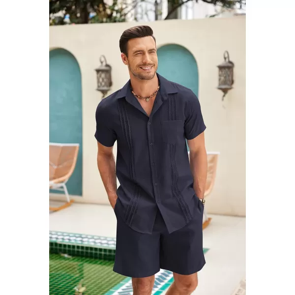 COOFANDY Men Linen Sets Outfits 2 Piece Short Sleeve Cuban Shirts Guayabera Linen Suit