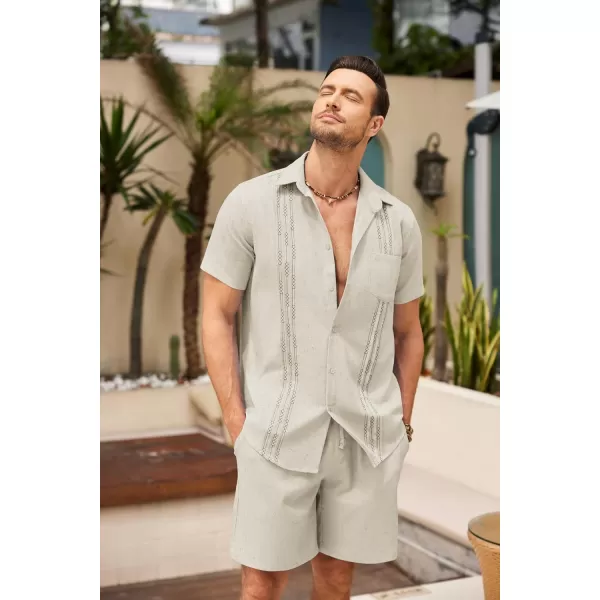 COOFANDY Men Linen Sets Outfits 2 Piece Short Sleeve Cuban Shirts Guayabera Linen Suit