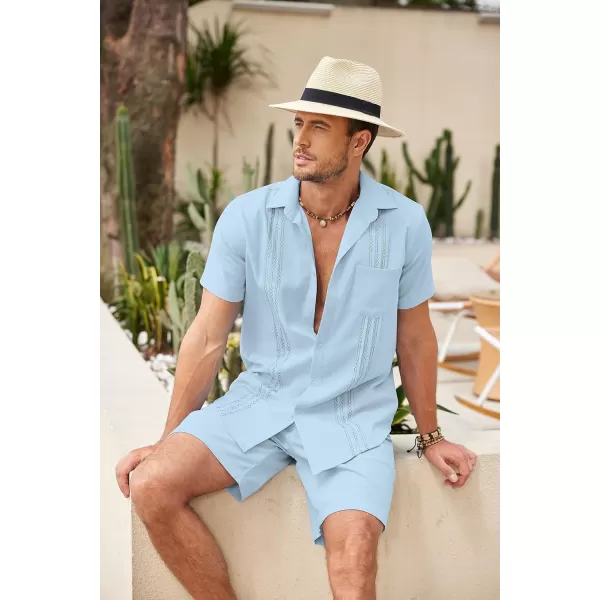 COOFANDY Men Linen Sets Outfits 2 Piece Short Sleeve Cuban Shirts Guayabera Linen Suit