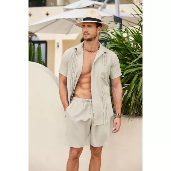 COOFANDY Men Linen Sets Outfits 2 Piece Short Sleeve Cuban Shirts Guayabera Linen Suit