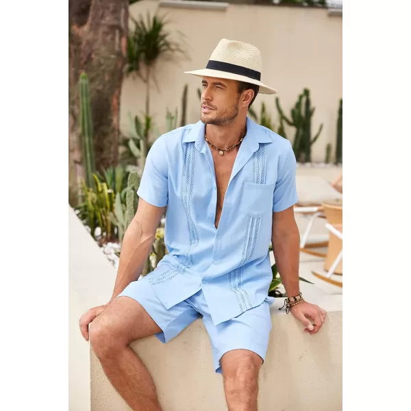 COOFANDY Men Linen Sets Outfits 2 Piece Short Sleeve Cuban Shirts Guayabera Linen Suit