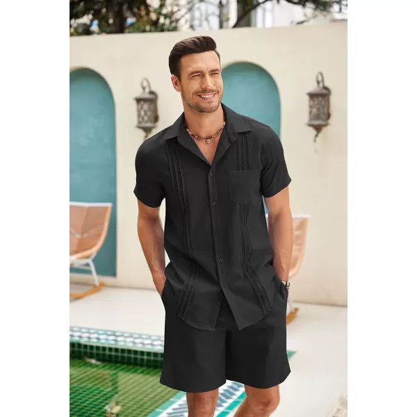 COOFANDY Men Linen Sets Outfits 2 Piece Short Sleeve Cuban Shirts Guayabera Linen Suit