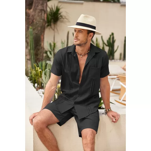 COOFANDY Men Linen Sets Outfits 2 Piece Short Sleeve Cuban Shirts Guayabera Linen Suit