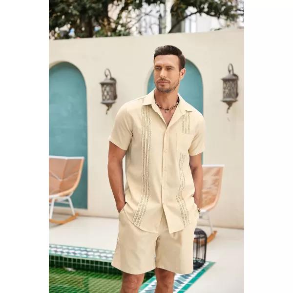 COOFANDY Men Linen Sets Outfits 2 Piece Short Sleeve Cuban Shirts Guayabera Linen Suit