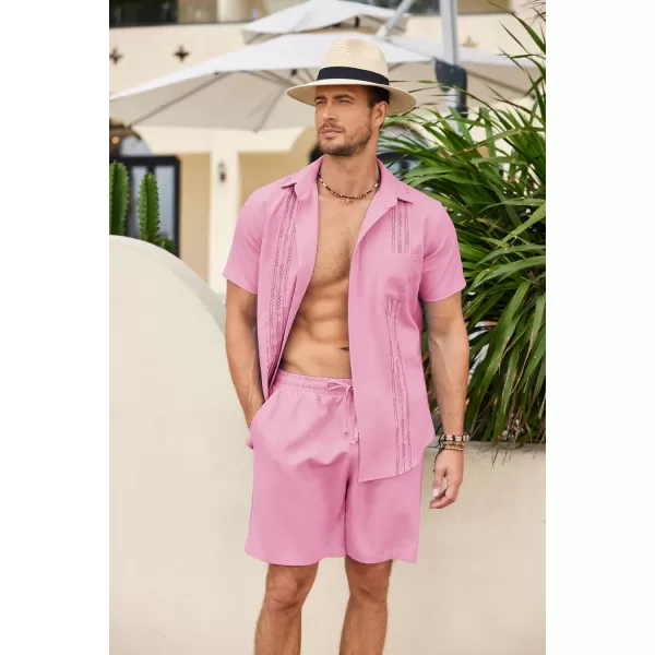 COOFANDY Men Linen Sets Outfits 2 Piece Short Sleeve Cuban Shirts Guayabera Linen Suit