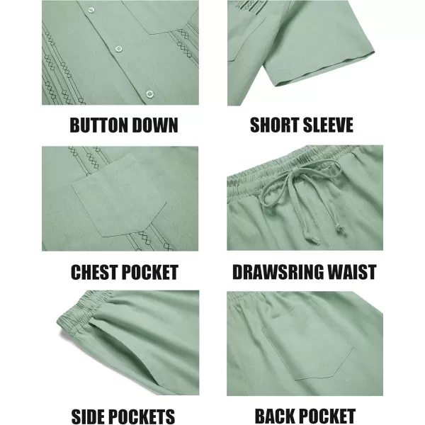 COOFANDY Men Linen Sets Outfits 2 Piece Short Sleeve Cuban Shirts Guayabera Linen Suit