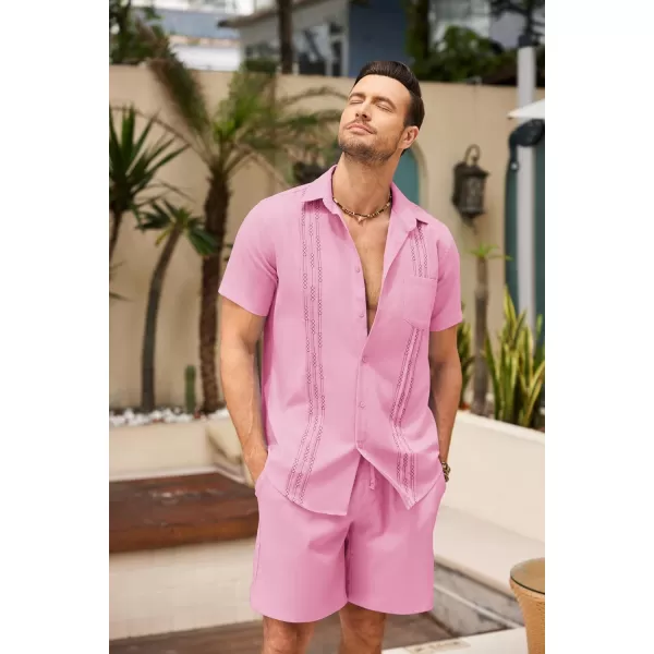 COOFANDY Men Linen Sets Outfits 2 Piece Short Sleeve Cuban Shirts Guayabera Linen Suit