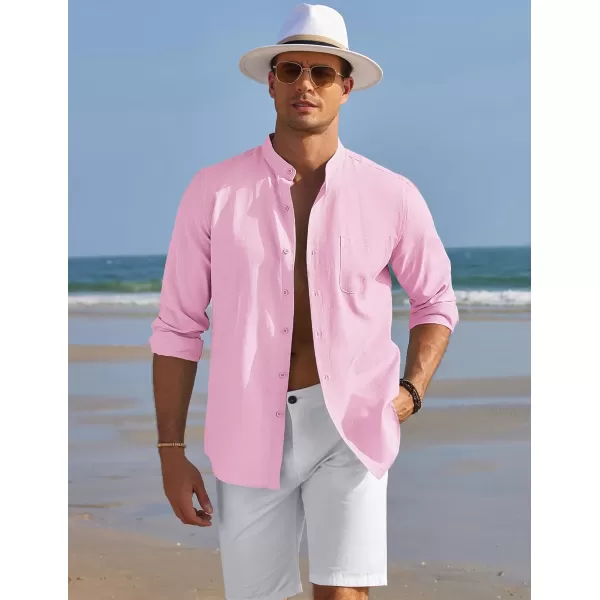 COOFANDY Men's Long Sleeve Oxford Shirt Band Collar Button Down Shirts Summer Beach Shirt