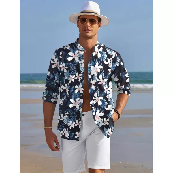 COOFANDY Men's Long Sleeve Oxford Shirt Band Collar Button Down Shirts Summer Beach Shirt