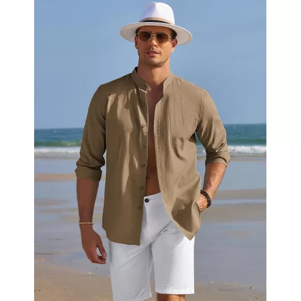 COOFANDY Men's Long Sleeve Oxford Shirt Band Collar Button Down Shirts Summer Beach Shirt