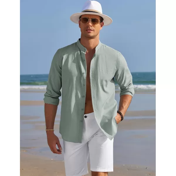 COOFANDY Men's Long Sleeve Oxford Shirt Band Collar Button Down Shirts Summer Beach Shirt