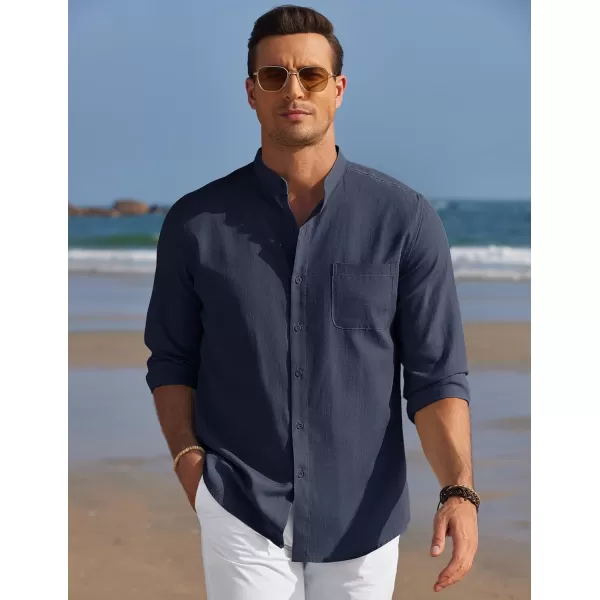 COOFANDY Men's Long Sleeve Oxford Shirt Band Collar Button Down Shirts Summer Beach Shirt