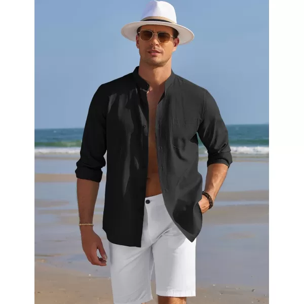 COOFANDY Men's Long Sleeve Oxford Shirt Band Collar Button Down Shirts Summer Beach Shirt