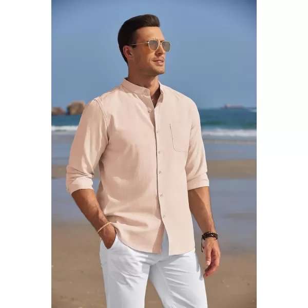 COOFANDY Men's Long Sleeve Oxford Shirt Band Collar Button Down Shirts Summer Beach Shirt