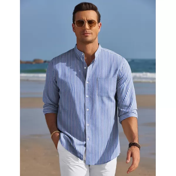 COOFANDY Men's Long Sleeve Oxford Shirt Band Collar Button Down Shirts Summer Beach Shirt