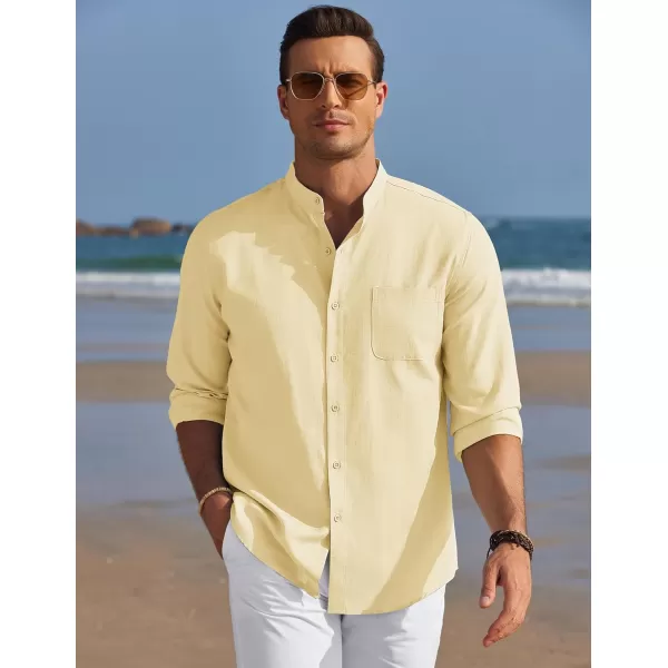 COOFANDY Men's Long Sleeve Oxford Shirt Band Collar Button Down Shirts Summer Beach Shirt