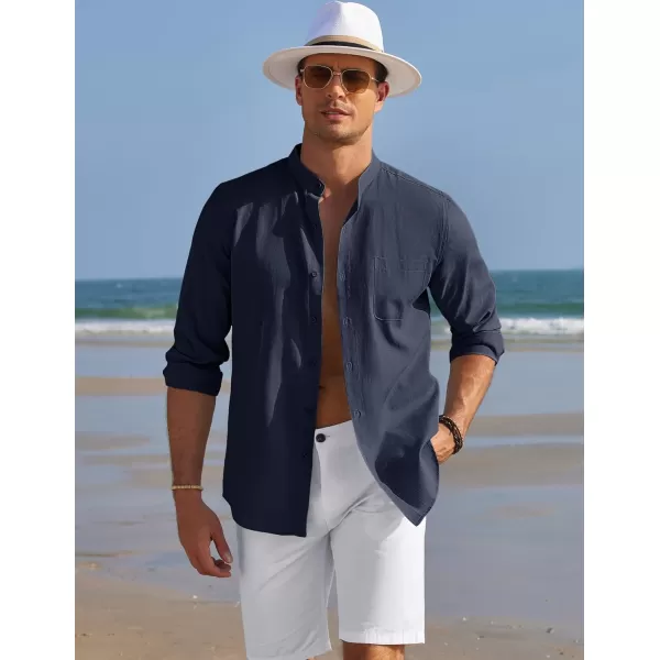 COOFANDY Men's Long Sleeve Oxford Shirt Band Collar Button Down Shirts Summer Beach Shirt