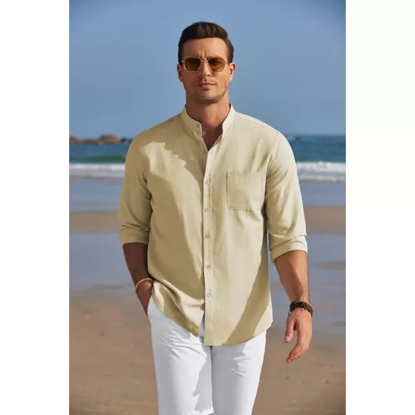 COOFANDY Men's Long Sleeve Oxford Shirt Band Collar Button Down Shirts Summer Beach Shirt