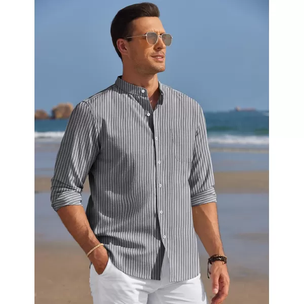 COOFANDY Men's Long Sleeve Oxford Shirt Band Collar Button Down Shirts Summer Beach Shirt