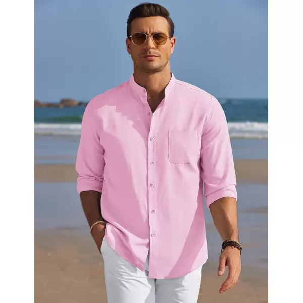 COOFANDY Men's Long Sleeve Oxford Shirt Band Collar Button Down Shirts Summer Beach Shirt