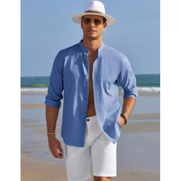 COOFANDY Men's Long Sleeve Oxford Shirt Band Collar Button Down Shirts Summer Beach Shirt
