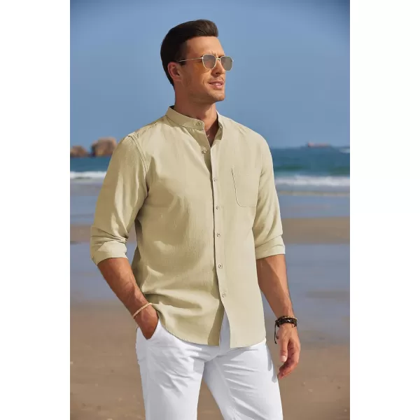 COOFANDY Men's Long Sleeve Oxford Shirt Band Collar Button Down Shirts Summer Beach Shirt
