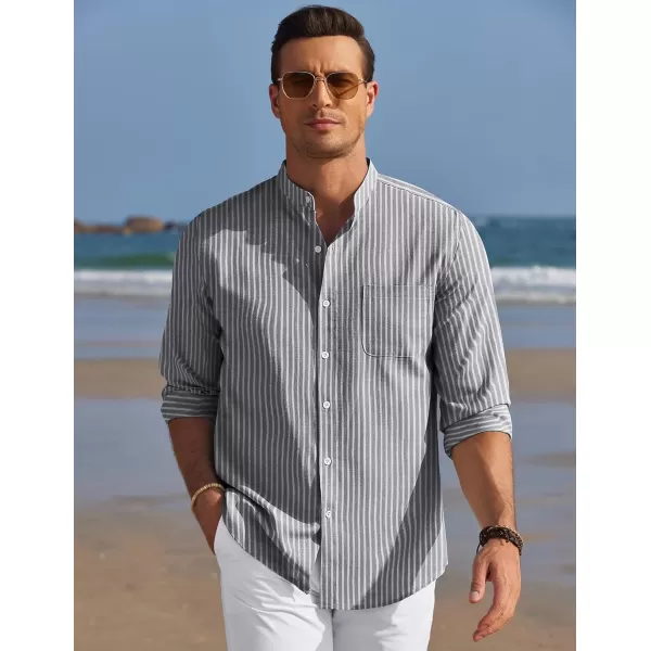COOFANDY Men's Long Sleeve Oxford Shirt Band Collar Button Down Shirts Summer Beach Shirt