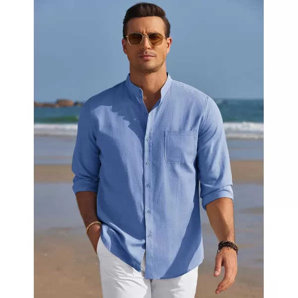 COOFANDY Men's Long Sleeve Oxford Shirt Band Collar Button Down Shirts Summer Beach Shirt
