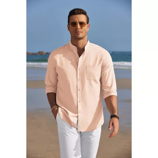 COOFANDY Men's Long Sleeve Oxford Shirt Band Collar Button Down Shirts Summer Beach Shirt