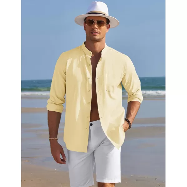 COOFANDY Men's Long Sleeve Oxford Shirt Band Collar Button Down Shirts Summer Beach Shirt