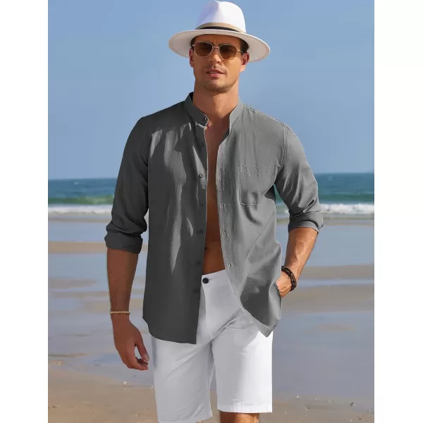 COOFANDY Men's Long Sleeve Oxford Shirt Band Collar Button Down Shirts Summer Beach Shirt