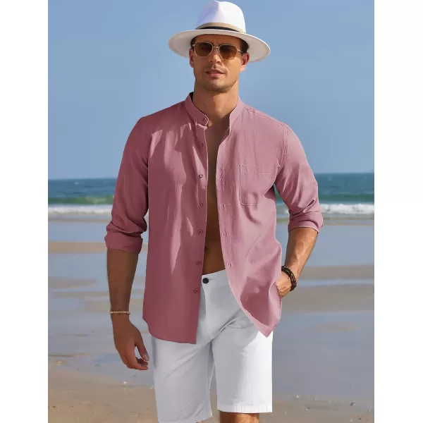 COOFANDY Men's Long Sleeve Oxford Shirt Band Collar Button Down Shirts Summer Beach Shirt
