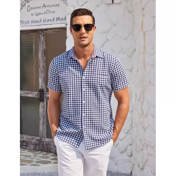 COOFANDY Men's Short Sleeve Oxford Dress Shirt Chambray Button Down Work Shirt Casual Plaid Collar Shirts