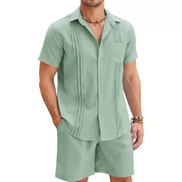 COOFANDY Men Linen Sets Outfits 2 Piece Short Sleeve Cuban Shirts Guayabera Linen Suit