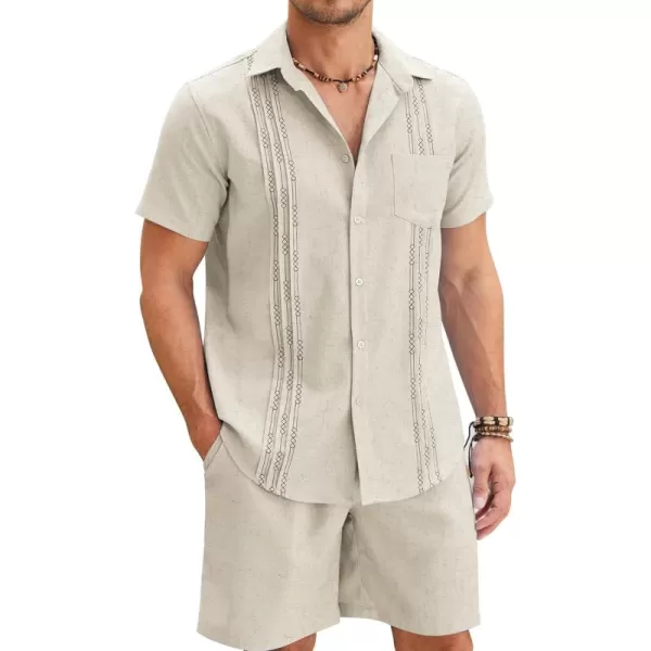 COOFANDY Men Linen Sets Outfits 2 Piece Short Sleeve Cuban Shirts Guayabera Linen Suit