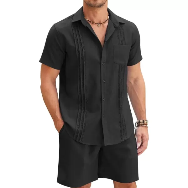 COOFANDY Men Linen Sets Outfits 2 Piece Short Sleeve Cuban Shirts Guayabera Linen Suit
