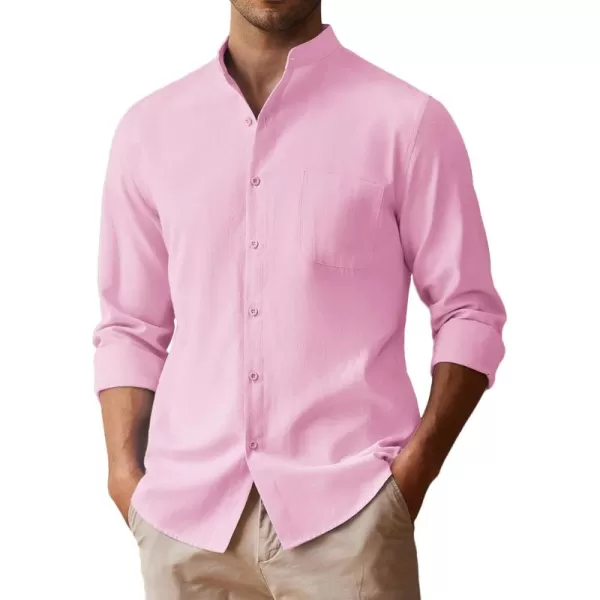 COOFANDY Men's Long Sleeve Oxford Shirt Band Collar Button Down Shirts Summer Beach Shirt