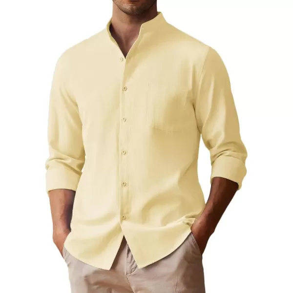 COOFANDY Men's Long Sleeve Oxford Shirt Band Collar Button Down Shirts Summer Beach Shirt